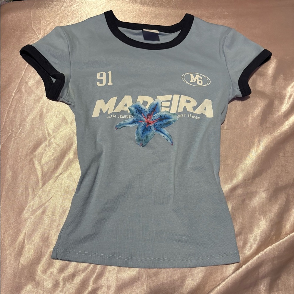 Bershka Light Blue Tee with Black Collar